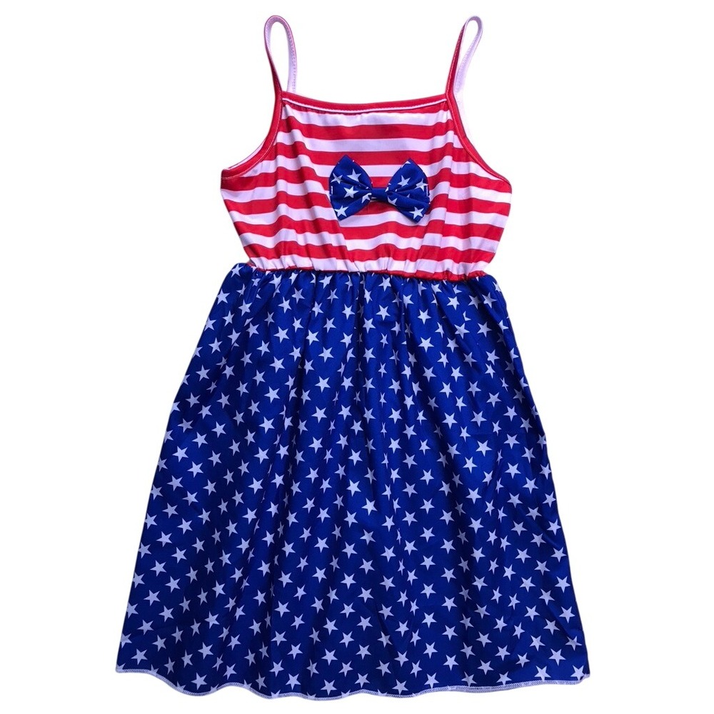Thank You Stars and Stripes Dress Girls 6 Red White Blue Patriotic Bow 4th July